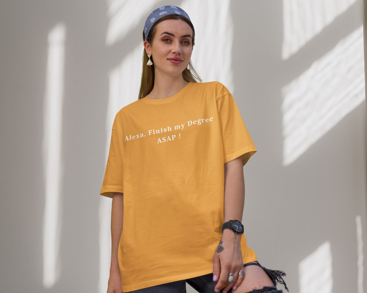 Alexa Finish My Degree College Oversized T-shirt, Golden yellow color