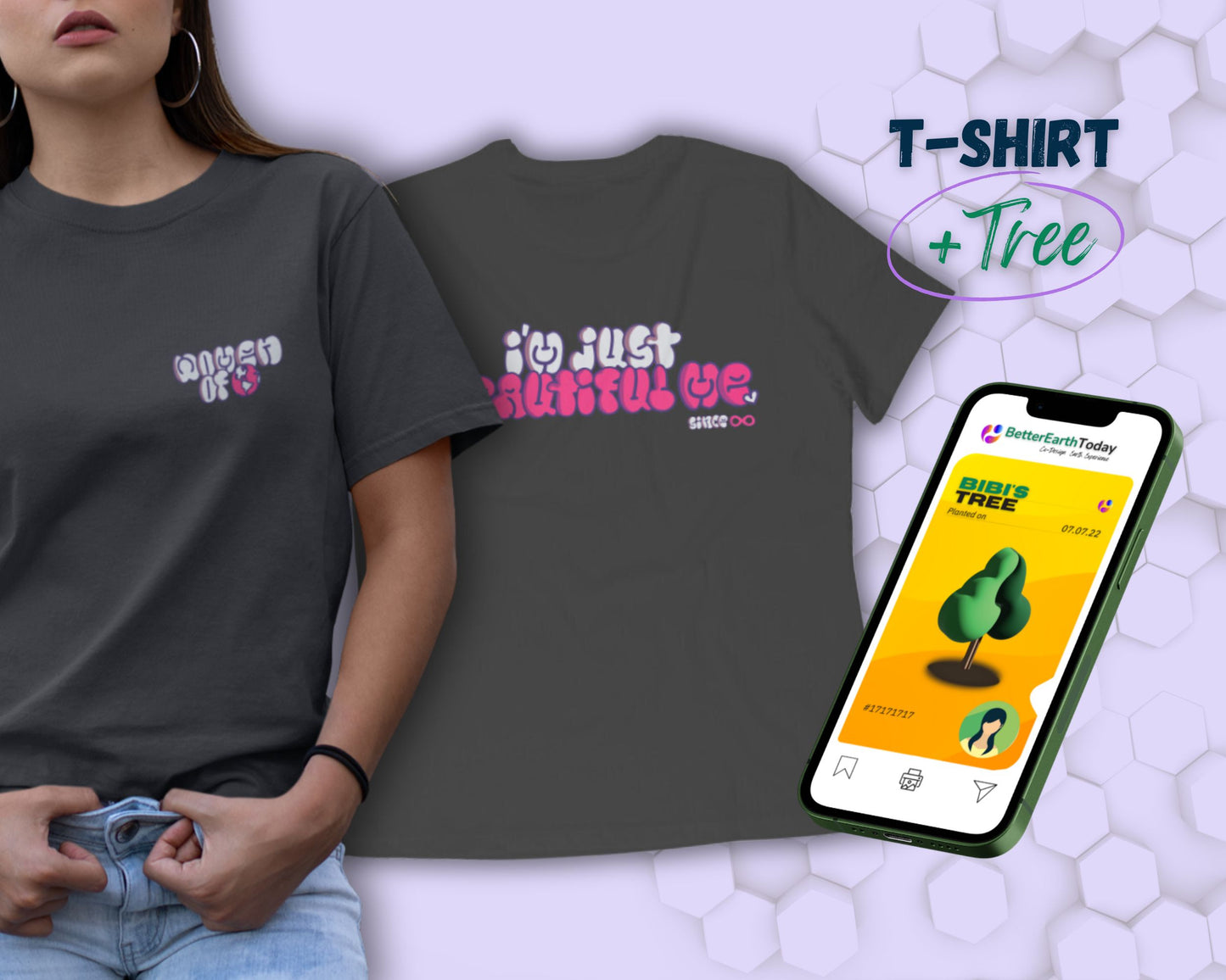 Back and front view of printed women t-shirt cover image with TreeCard. Design inspired by "Selena Gomez's I'm just beautiful me"